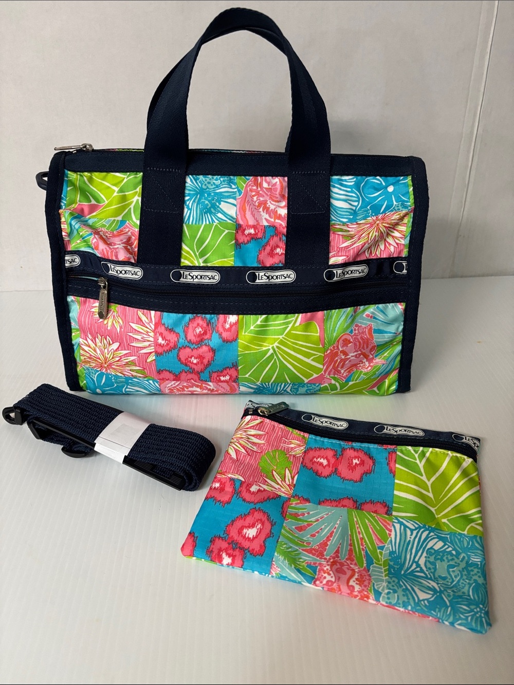 Lesportsac Multicolor Floral Patchwork Shoulder Bag with Pouch